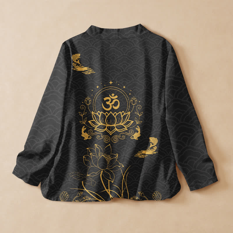 Buddha Stones Cotton Lotus Om Koi Pattern Wrap V-Neck Lace-up Women's Long Sleeve Shirts Kimono - image 1