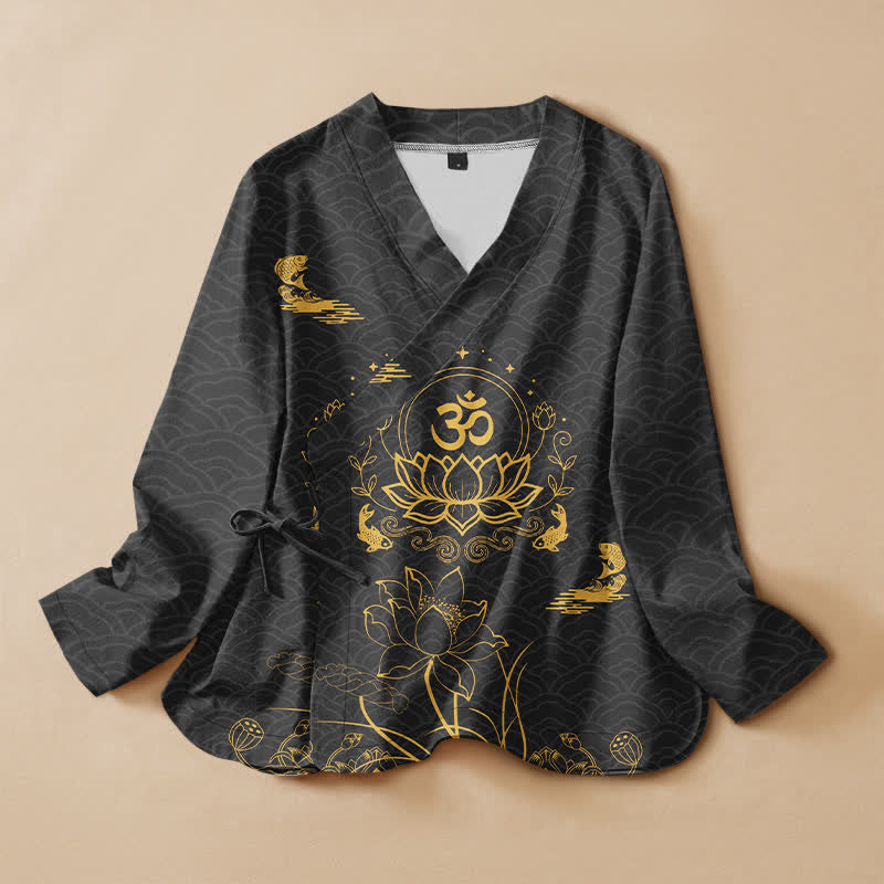 Buddha Stones Cotton Lotus Om Koi Pattern Wrap V-Neck Lace-up Women's Long Sleeve Shirts Kimono - Black - US16，UK/AU20，EU48 (3XL) - image 0