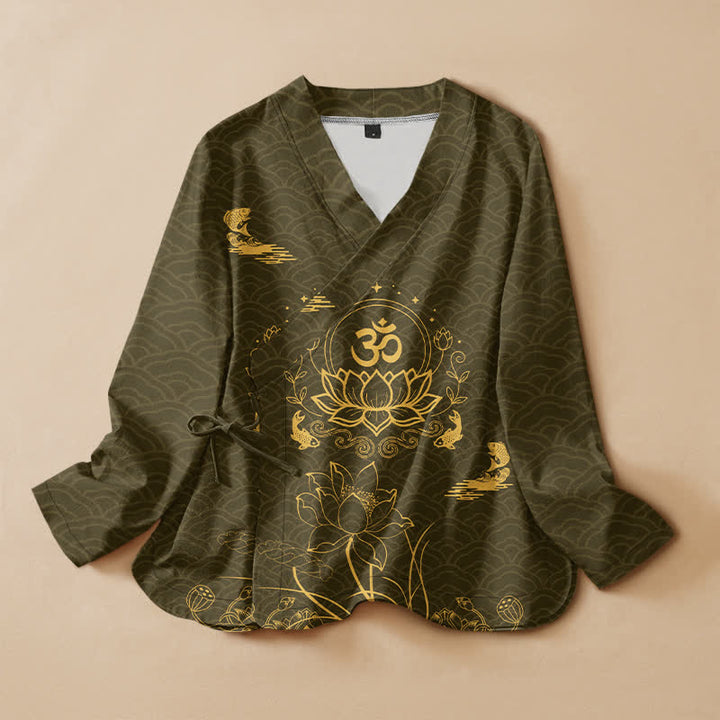 Buddha Stones Cotton Lotus Om Koi Pattern Wrap V-Neck Lace-up Women's Long Sleeve Shirts Kimono - Olive - US16，UK/AU20，EU48 (3XL) - image 5