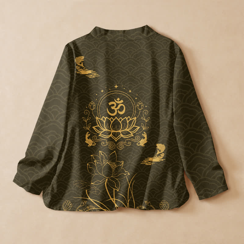 Buddha Stones Cotton Lotus Om Koi Pattern Wrap V-Neck Lace-up Women's Long Sleeve Shirts Kimono - image 6