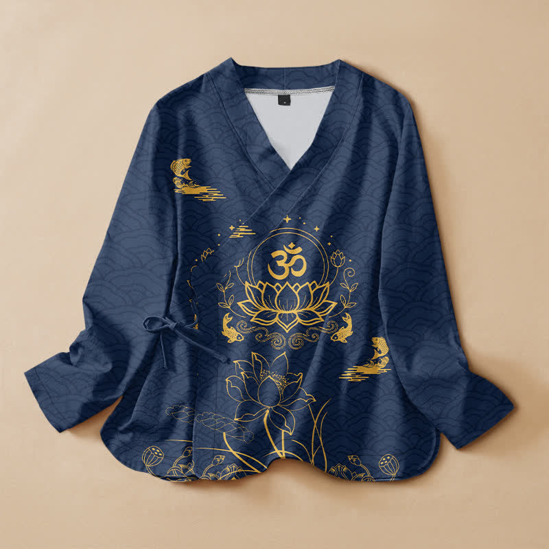 Buddha Stones Cotton Lotus Om Koi Pattern Wrap V-Neck Lace-up Women's Long Sleeve Shirts Kimono - Navy - US16，UK/AU20，EU48 (3XL) - image 7