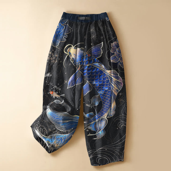 Buddha Stones Pure Cotton Vintage Koi Lotus Pattern Frog Button Women's Elastic Waist Harem Pants With Pockets - Black - US16，UK/AU20，EU48 (3XL) - image 5