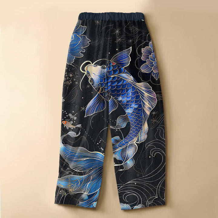 Buddha Stones Pure Cotton Vintage Koi Lotus Pattern Frog Button Women's Elastic Waist Harem Pants With Pockets - image 6