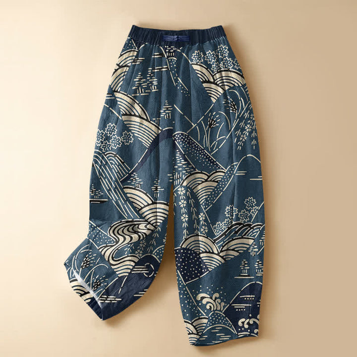 Buddha Stones Pure Cotton Japanese Wave Landscape Pattern Frog Button Women's Elastic Waist Harem Pants With Pockets - Teal - US16，UK/AU20，EU48 (3XL) - image 0