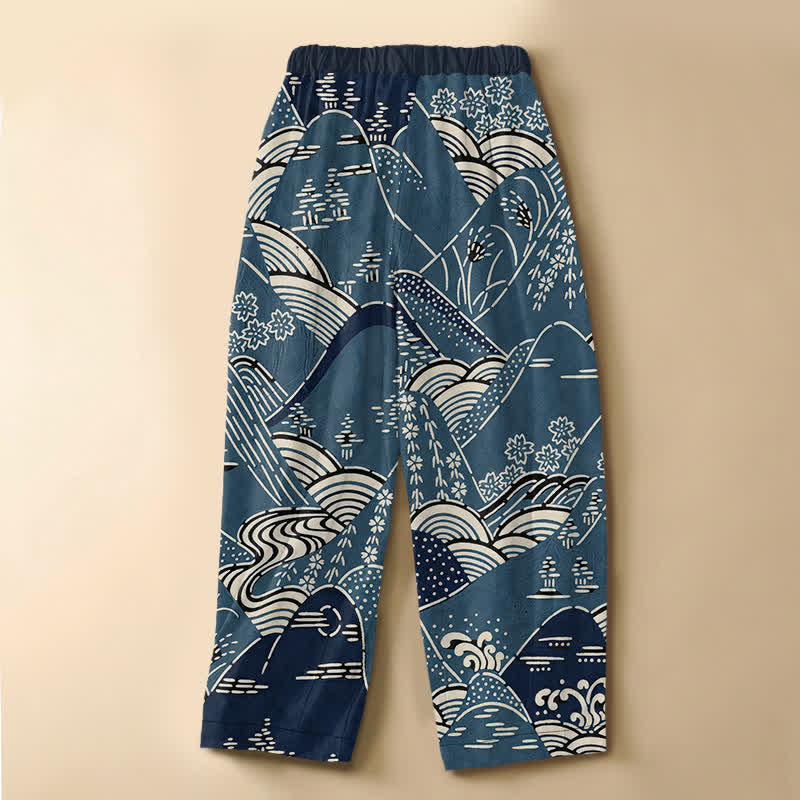 Buddha Stones Pure Cotton Japanese Wave Landscape Pattern Frog Button Women's Elastic Waist Harem Pants With Pockets - image 1