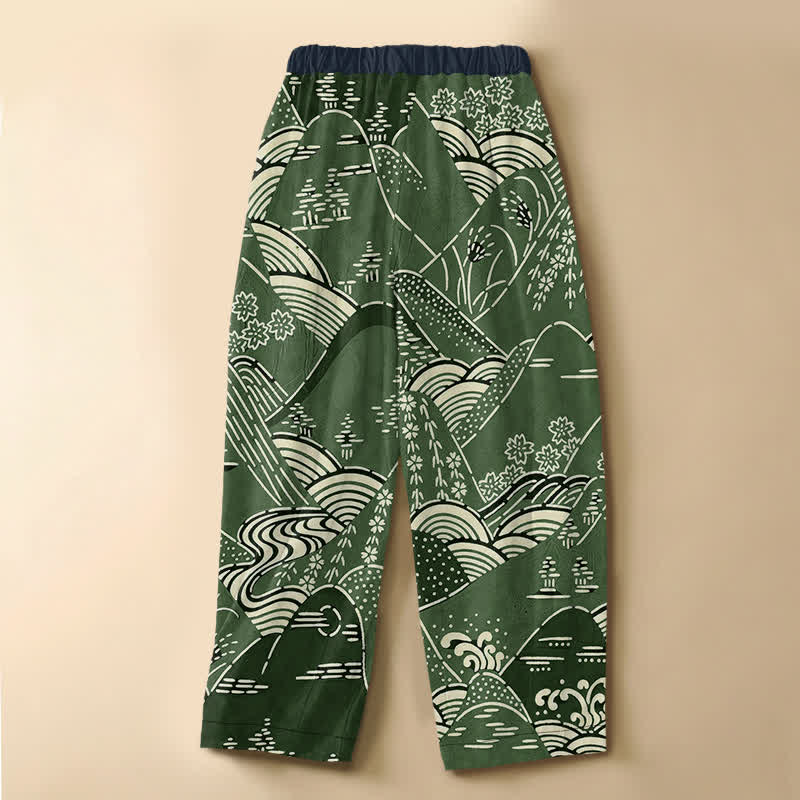 Buddha Stones Pure Cotton Japanese Wave Landscape Pattern Frog Button Women's Elastic Waist Harem Pants With Pockets - image 6