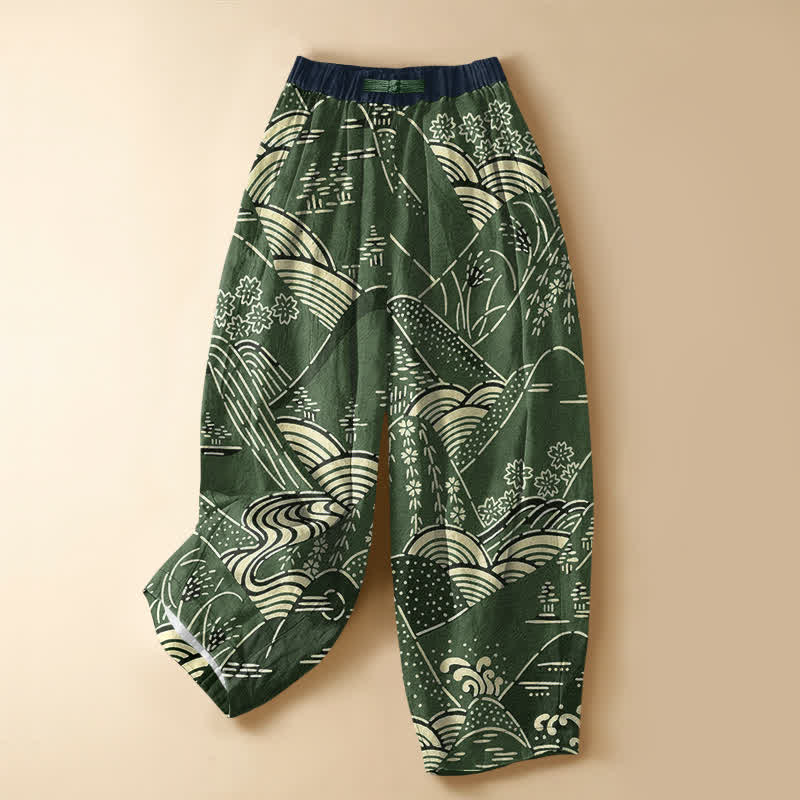 Buddha Stones Pure Cotton Japanese Wave Landscape Pattern Frog Button Women's Elastic Waist Harem Pants With Pockets - ForestGreen - US16，UK/AU20，EU48 (3XL) - image 5