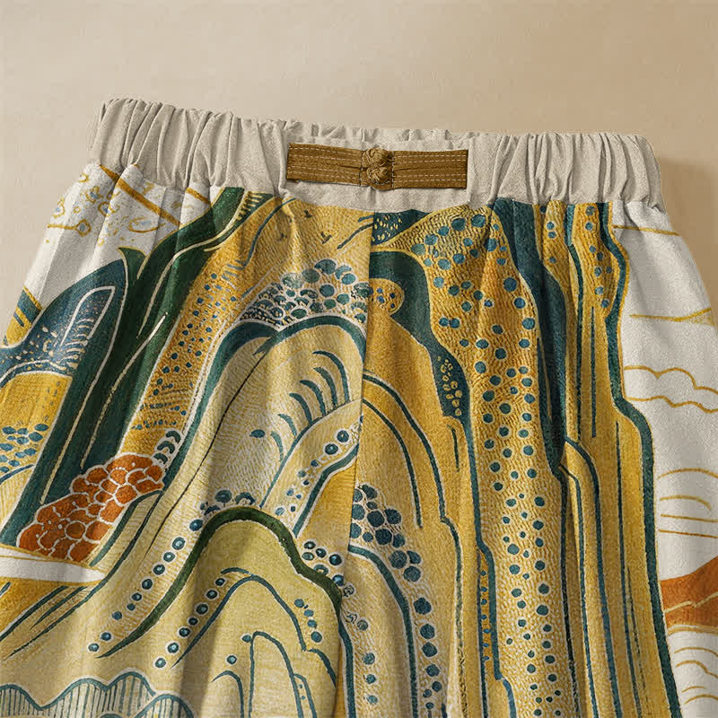 Buddha Stones Pure Cotton Vintage Mountain Landscape Pattern Frog Button Women's Elastic Waist Harem Pants With Pockets - image 2