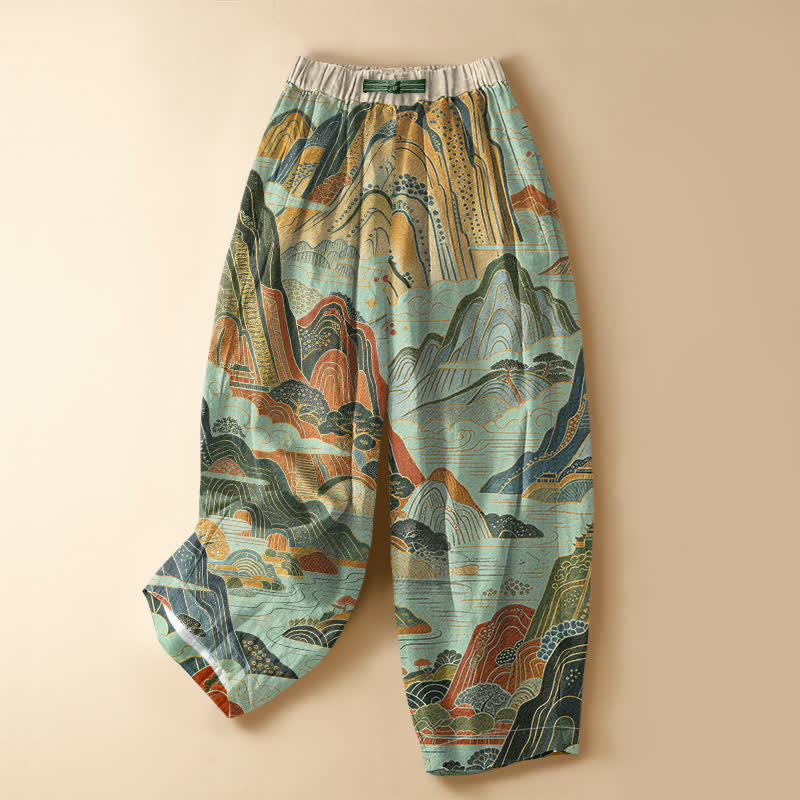 Buddha Stones Pure Cotton Vintage Mountain Landscape Pattern Frog Button Women's Elastic Waist Harem Pants With Pockets - Aquamarine - US16，UK/AU20，EU48 (3XL) - image 7