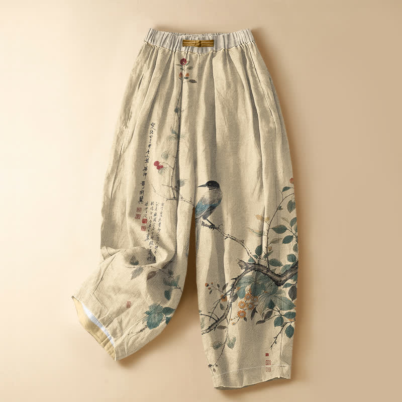 Buddha Stones Pure Cotton Oriental Bird Branch Pattern Frog Button Women's Elastic Waist Harem Pants With Pockets - Linen - US16，UK/AU20，EU48 (3XL) - image 0