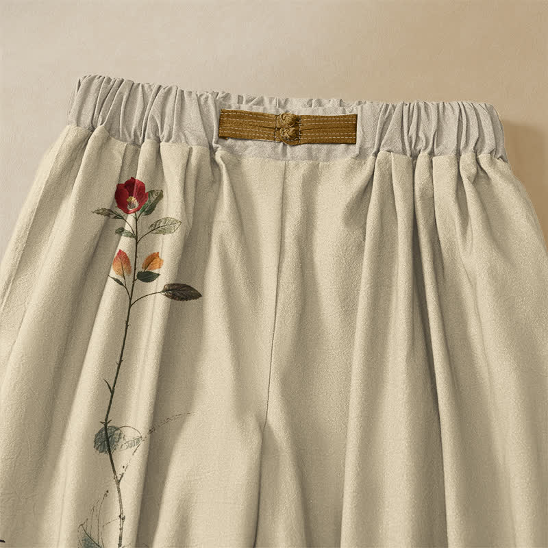 Buddha Stones Pure Cotton Oriental Bird Branch Pattern Frog Button Women's Elastic Waist Harem Pants With Pockets - image 2