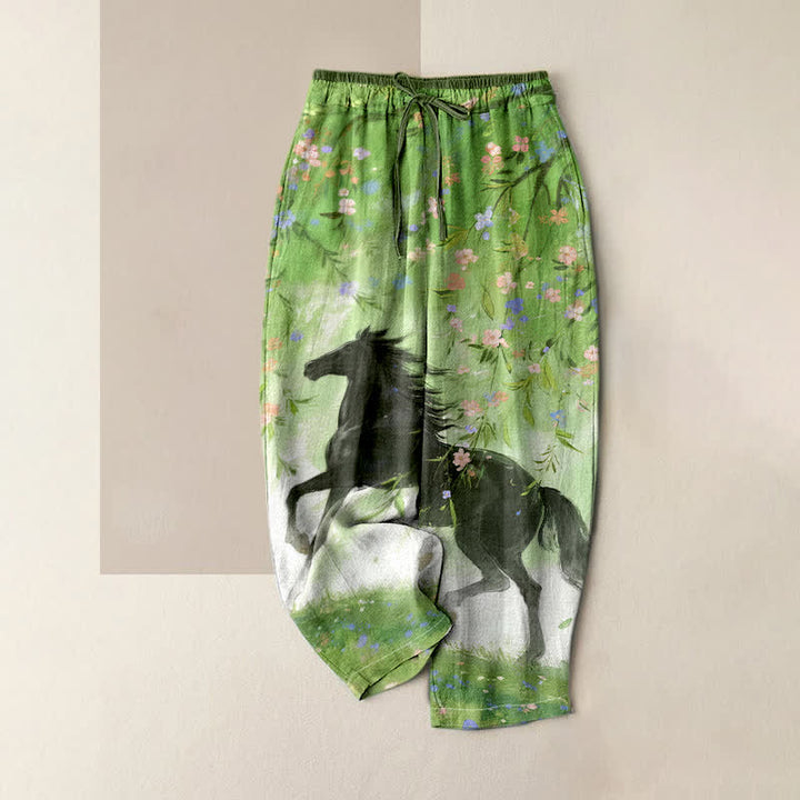 Buddha Stones Pure Cotton Galloping Horse Floral Pattern Women's Elastic Waist Pants With Pockets - LimeGreen - US16，UK/AU20，EU48 (3XL) - image 0
