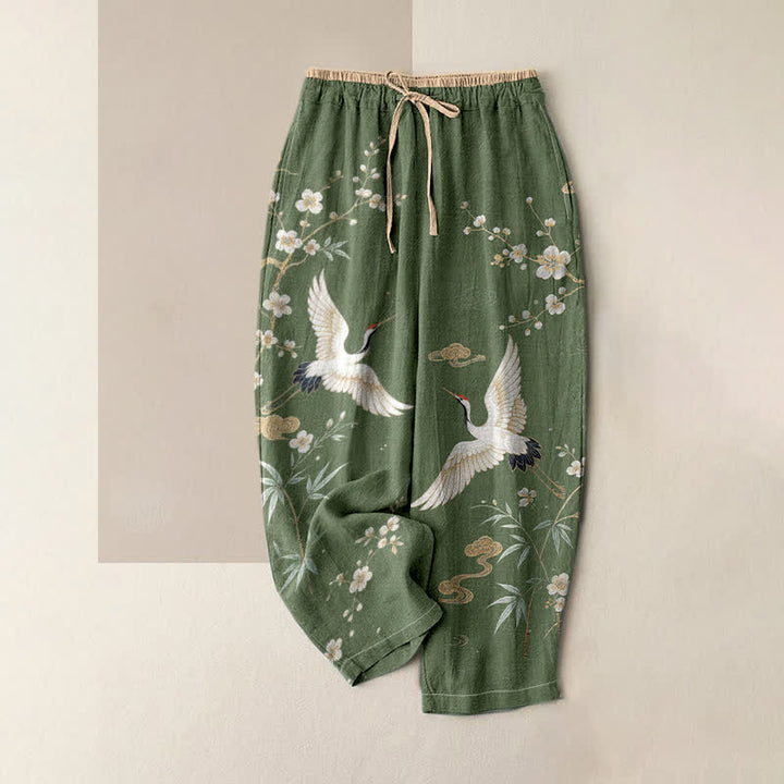 Buddha Stones Pure Cotton Vintage Crane Cloud Pattern Women's Elastic Waist Pants With Pockets - MediumSeaGreen - US16，UK/AU20，EU48 (3XL) - image 4