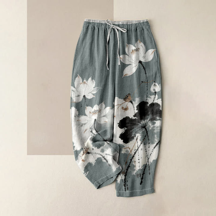 Buddha Stones Pure Cotton Ink Lotus Pattern Women's Elastic Waist Pants With Pockets - LightSlateGray - US16，UK/AU20，EU48 (3XL) - image 0
