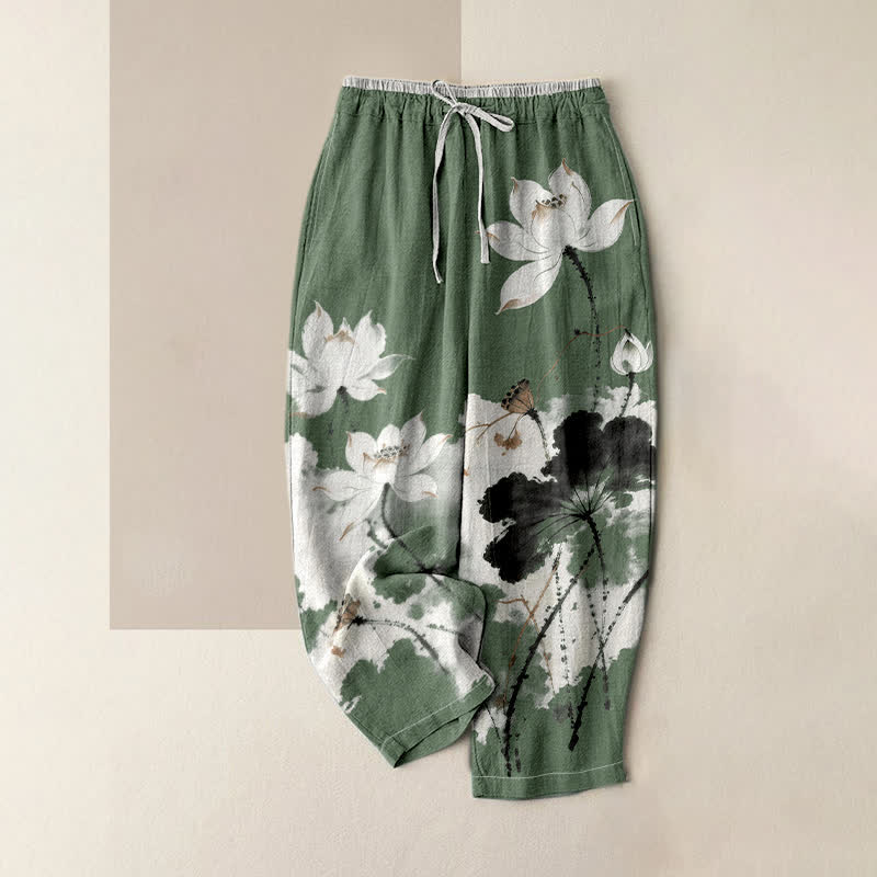 Buddha Stones Pure Cotton Ink Lotus Pattern Women's Elastic Waist Pants With Pockets - MediumSeaGreen - US16，UK/AU20，EU48 (3XL) - image 4