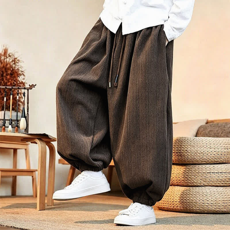 Buddha Stones Fall Winter Casual Minimalist Drawstring Solid Ankle Pants Corduroy Men's Harem Pants With Pockets - image 5
