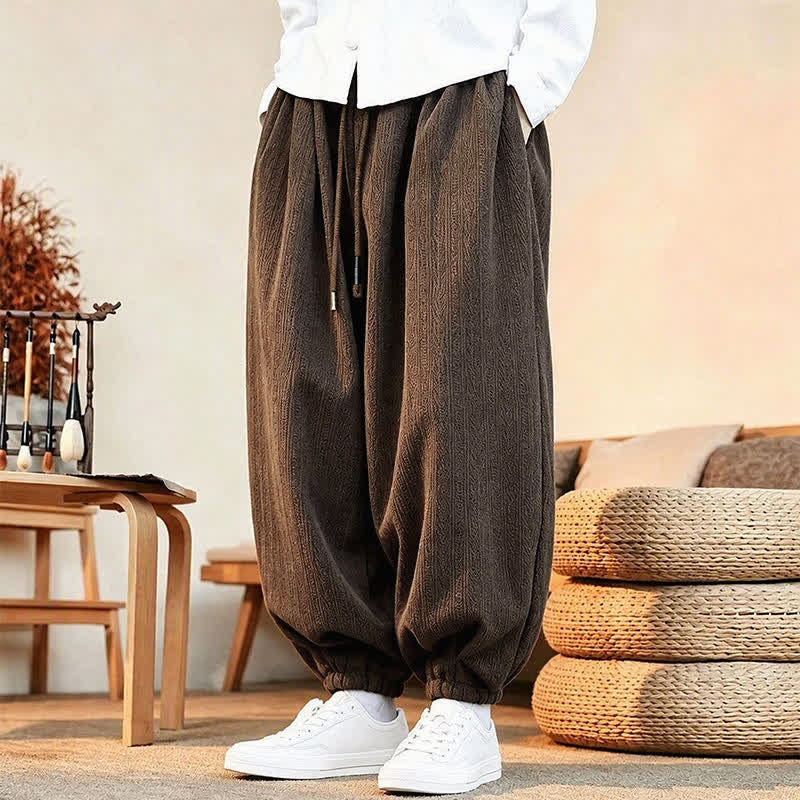 Buddha Stones Fall Winter Casual Minimalist Drawstring Solid Ankle Pants Corduroy Men's Harem Pants With Pockets - image 4