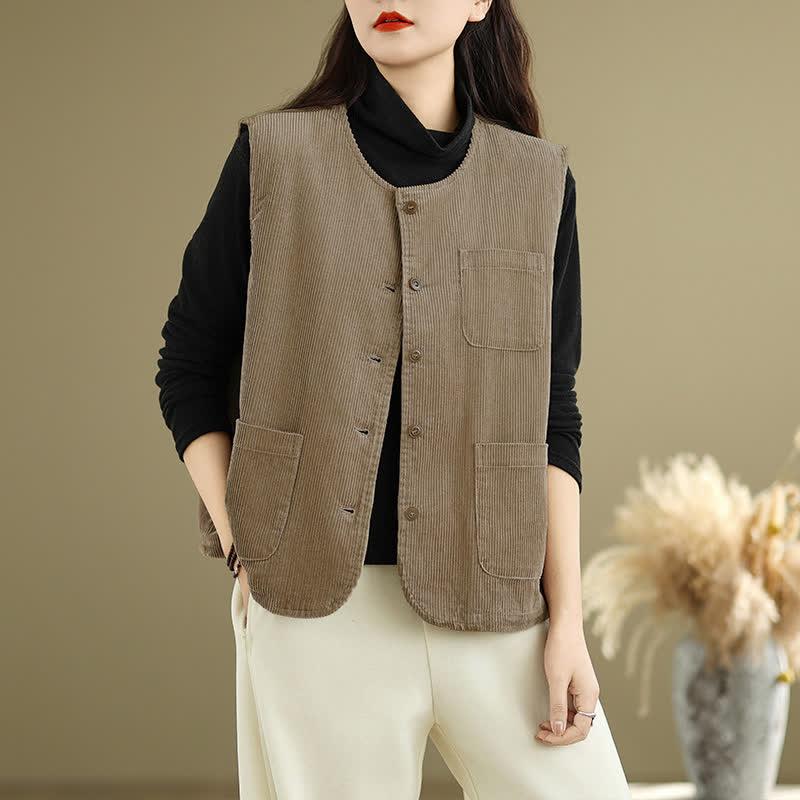 Buddha Stones Fall Winter Casual Vintage Button-Up Solid Tank Top Corduroy Women's Vest With Pockets - image 1
