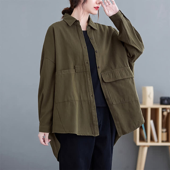 Buddha Stones Spring Fall Basic Minimalist Button-Up Solid Cotton Women's Jacket With Pockets - DarkOliveGreen - US8-10，UK/AU12-14，EU40-42 (2XL) - image 0