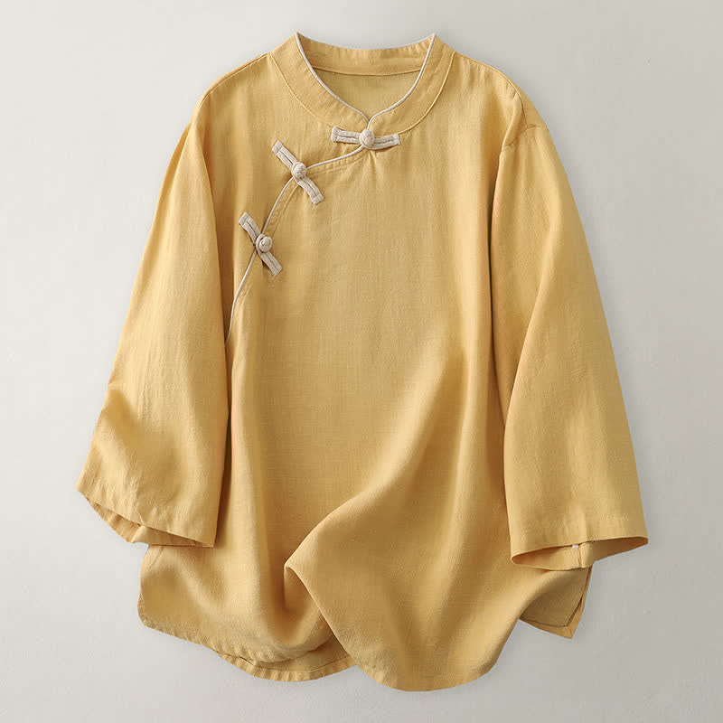 Buddha Stones Spring Fall Casual Vintage Tang Style Frog Button Solid Linen Women's Long Sleeve Shirts - PaleGoldenrod - US8-10，UK/AU12-14，EU40-42 (2XL) - image 5