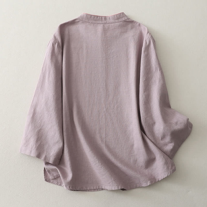 Buddha Stones Spring Fall Casual Vintage Tang Style Frog Button Solid Linen Women's Long Sleeve Shirts - image 1