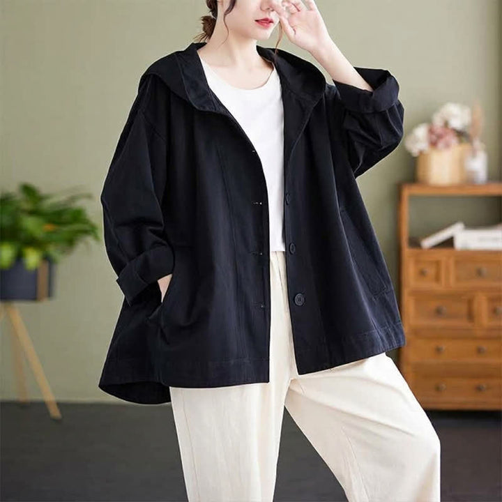 Buddha Stones Spring Fall Casual Minimalist Hooded Button-Up Solid Women's Jacket With Pockets - Black - US8-10，UK/AU12-14，EU40-42 (2XL) - image 3