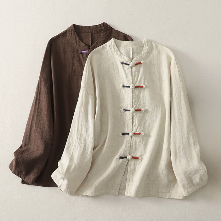 Buddha Stones Fall Casual Tang Style Frog Button Solid Cotton Linen Women's Long Sleeve Shirts - image 13
