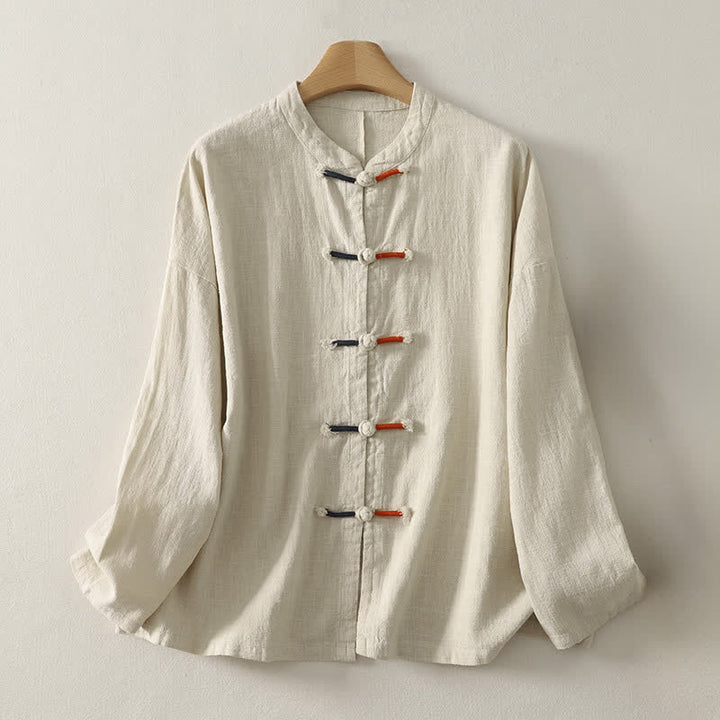 Buddha Stones Fall Casual Tang Style Frog Button Solid Cotton Linen Women's Long Sleeve Shirts - Linen - US8-10，UK/AU12-14，EU40-42 (2XL) - image 0