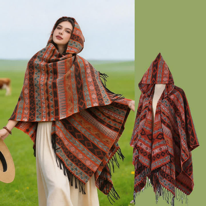Buddha Stones Fall Winter Hooded Geometric Stripe Tassel Poncho Women's Shawl - image 1
