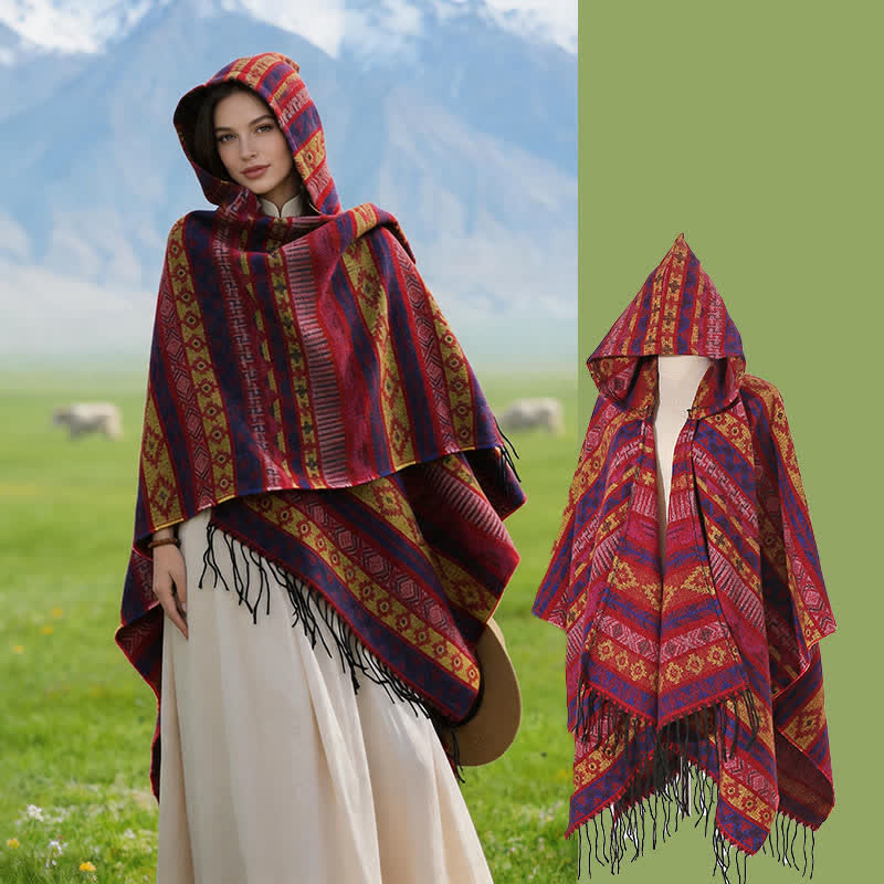 Buddha Stones Fall Winter Hooded Geometric Stripe Tassel Poncho Women's Shawl - Red - 140*159cm - image 10
