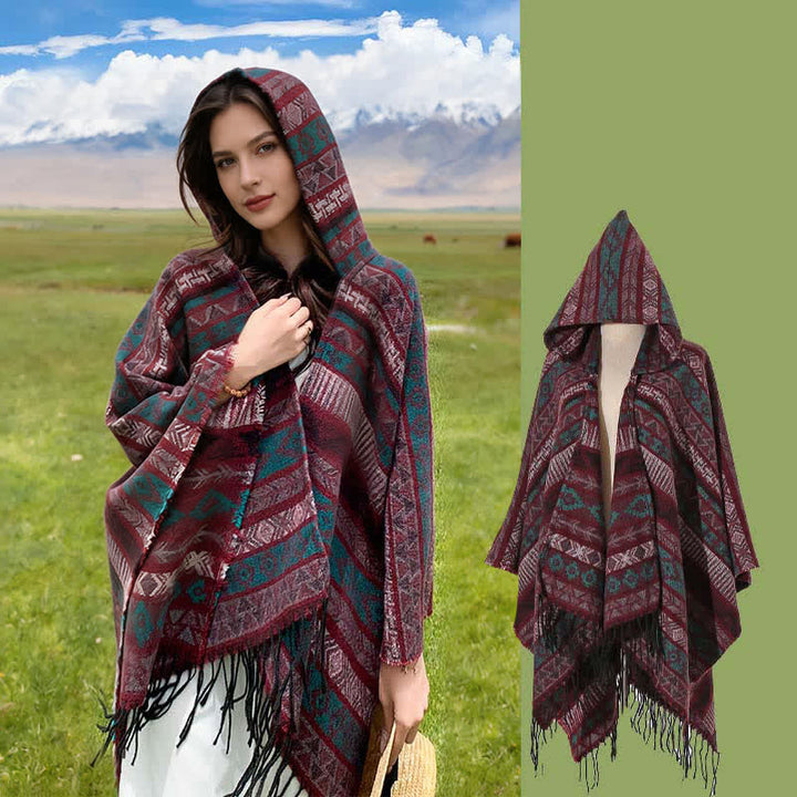 Buddha Stones Fall Winter Hooded Geometric Stripe Tassel Poncho Women's Shawl - Burgundy - 140*159cm - image 21