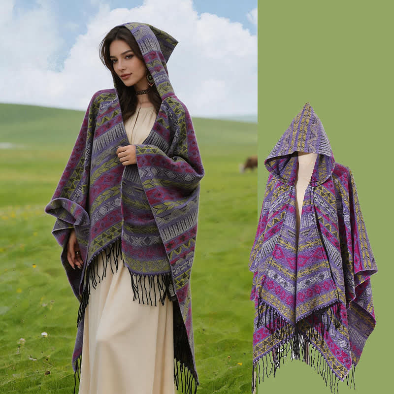 Buddha Stones Fall Winter Hooded Geometric Stripe Tassel Poncho Women's Shawl - Purple Red Yellow - 140*159cm - image 33