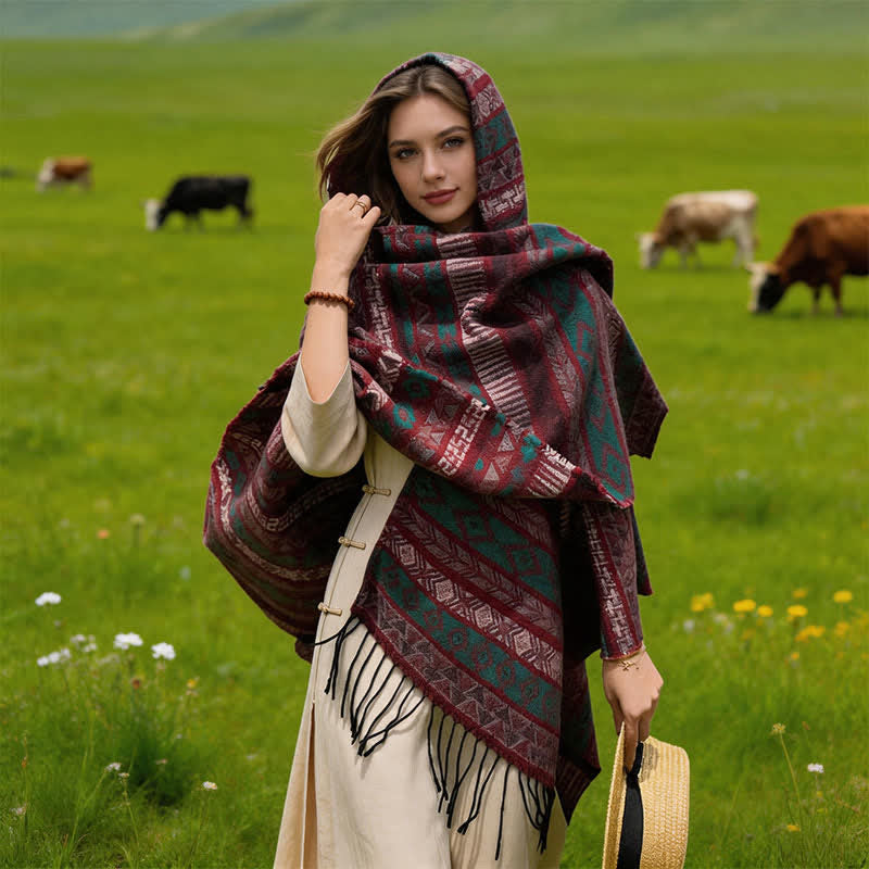 Buddha Stones Fall Winter Hooded Geometric Stripe Tassel Poncho Women's Shawl - image 22