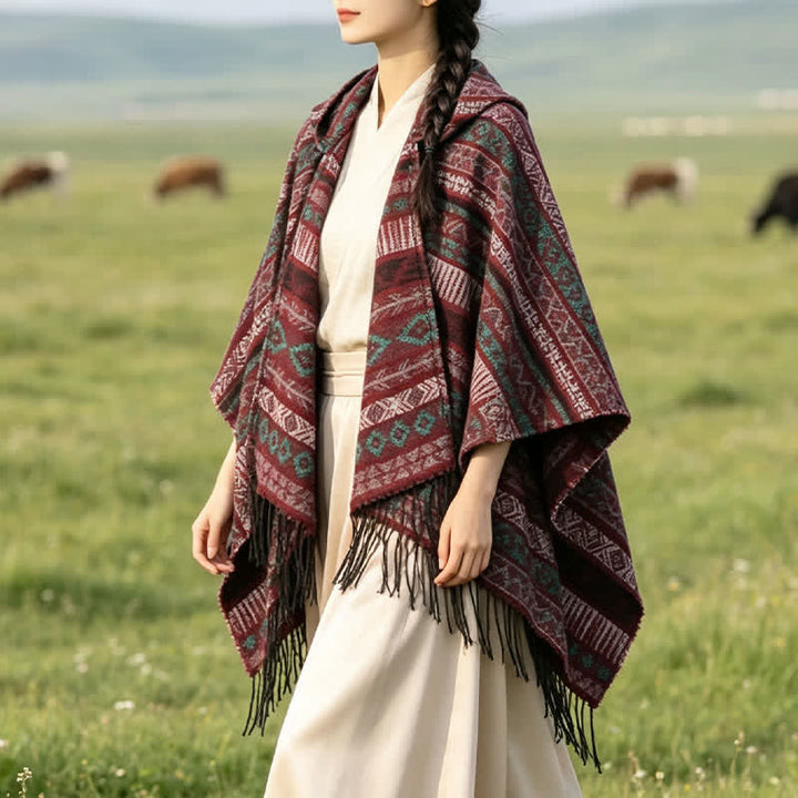 Buddha Stones Fall Winter Hooded Geometric Stripe Tassel Poncho Women's Shawl - image 23