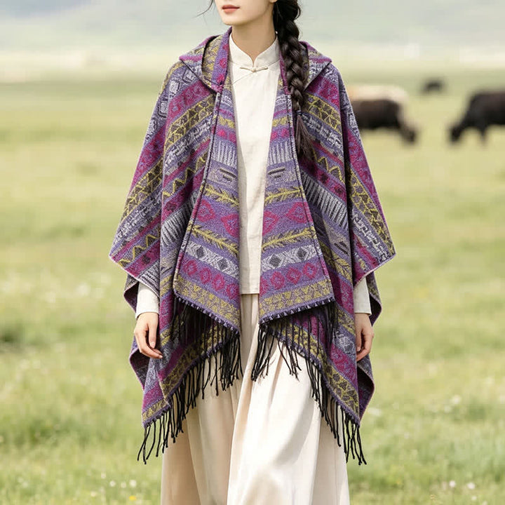 Buddha Stones Fall Winter Hooded Geometric Stripe Tassel Poncho Women's Shawl - image 34