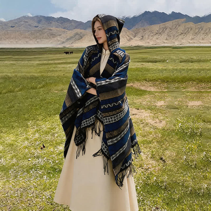 Buddha Stones Fall Winter Hooded Geometric Stripe Tassel Poncho Women's Shawl - image 32