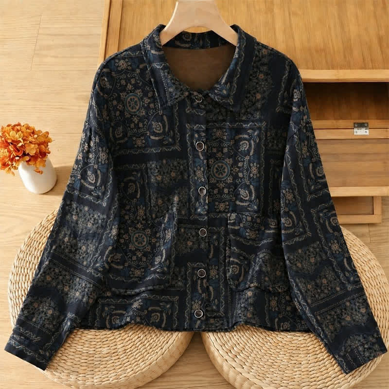 Buddha Stones Fall Vintage Boho Button-Up Abstract Women's Long Sleeve Shirts With Pockets - MidnightBlue - US4-6, UK/AU8-10, EU36-38 (F) - image 6