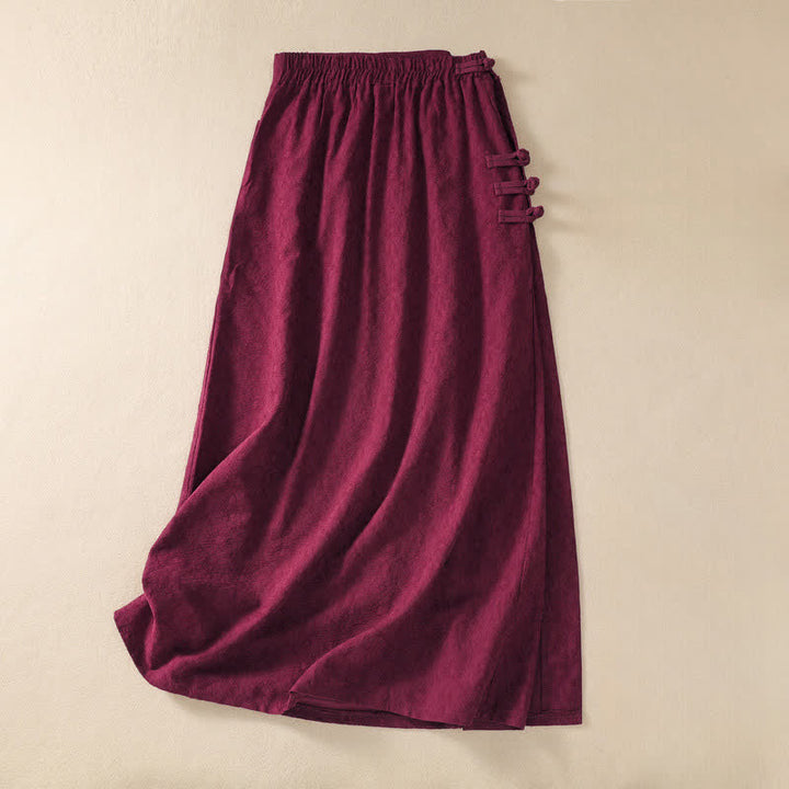 Buddha Stones Fall Vintage Tang Style Pankou Solid Cotton Linen Women's Skirts With Pocket - image 2