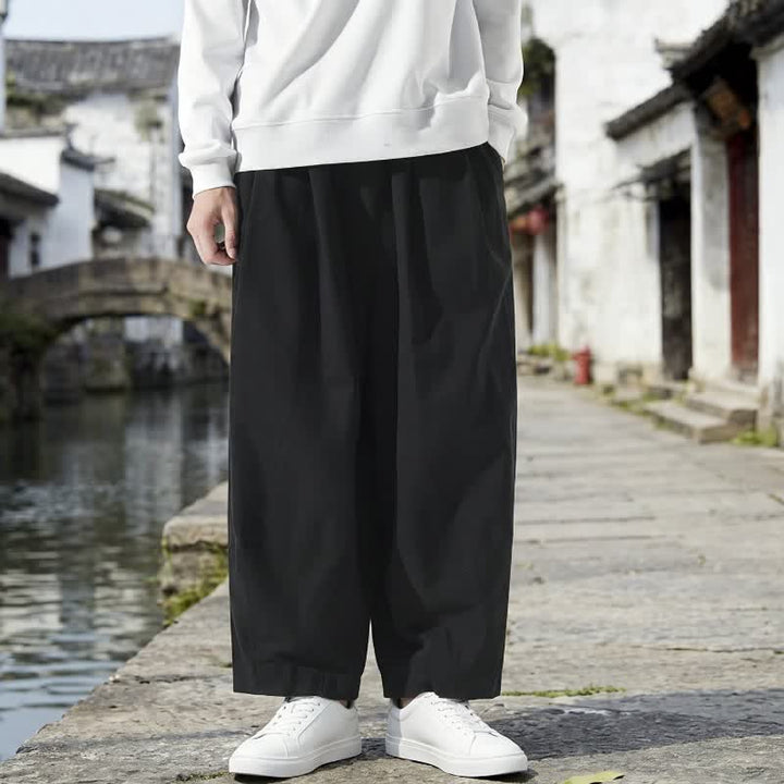 Buddha Stones Fall Casual Minimalist Drawstring Solid Cropped Pants Men's Straight Leg Pants With Pockets - image 6