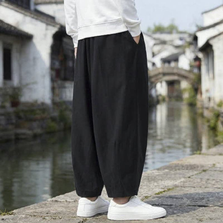 Buddha Stones Fall Casual Minimalist Drawstring Solid Cropped Pants Men's Straight Leg Pants With Pockets - image 10