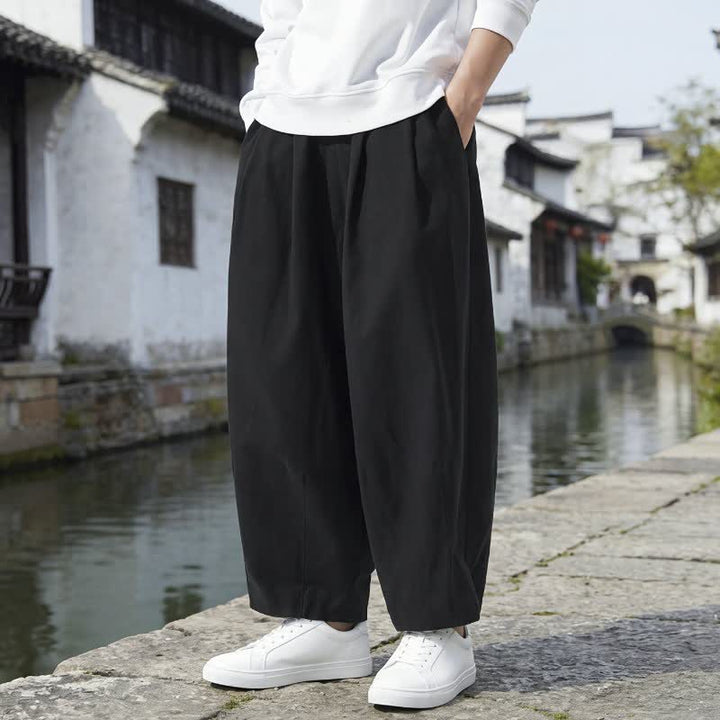 Buddha Stones Fall Casual Minimalist Drawstring Solid Cropped Pants Men's Straight Leg Pants With Pockets - image 7