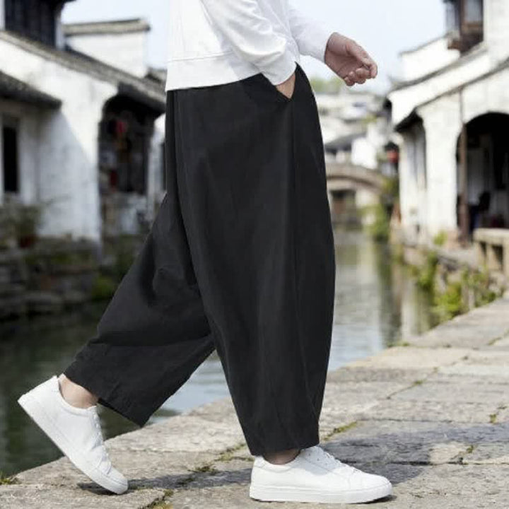 Buddha Stones Fall Casual Minimalist Drawstring Solid Cropped Pants Men's Straight Leg Pants With Pockets - image 13