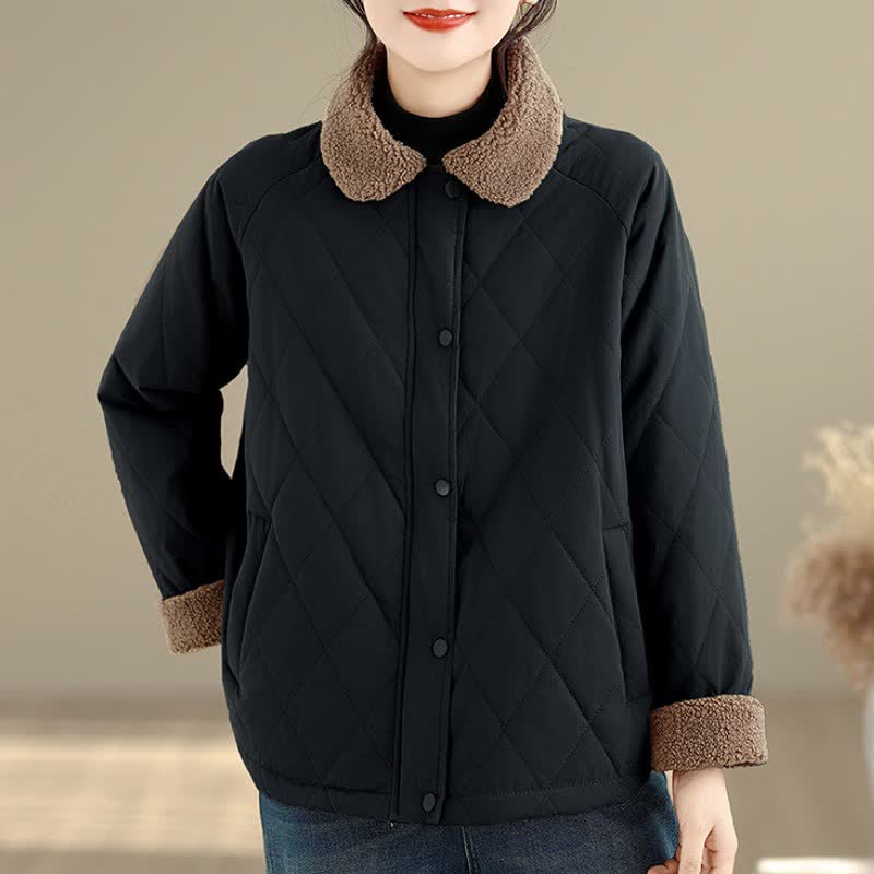 Buddha Stones Winter Casual Vintage Button-Up Geometric Rhombus-shaped Lines Women's Jacket With Pockets - Black - US12, UK/AU16, EU44 (XL) - image 16