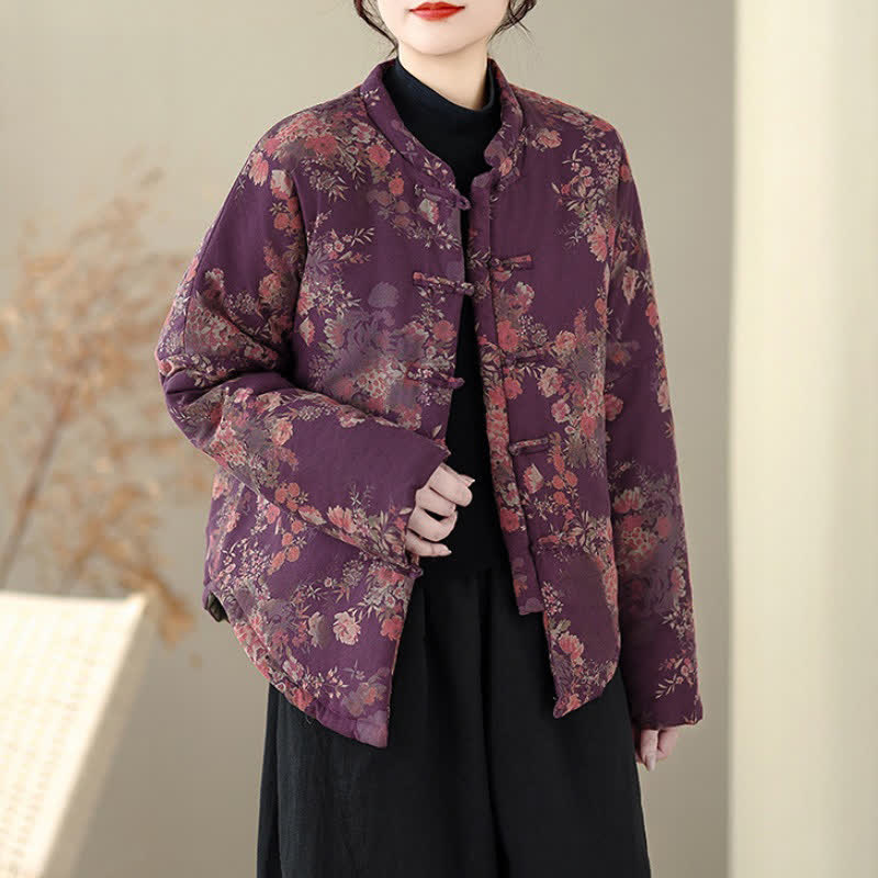 Buddha Stones Winter Elegant Tang Style Pankou Floral Print Women's Jackets - Purple - US14, UK/AU18, EU46 (2XL) - image 0