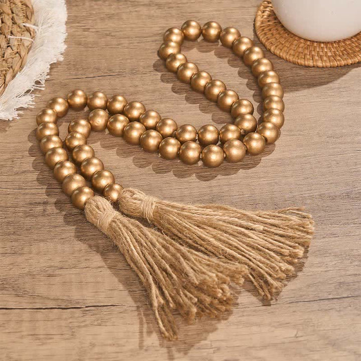 Buddha Stones Gold Rustic Wooden Bead Garland with Tassels Mindful Living Decor - image 1