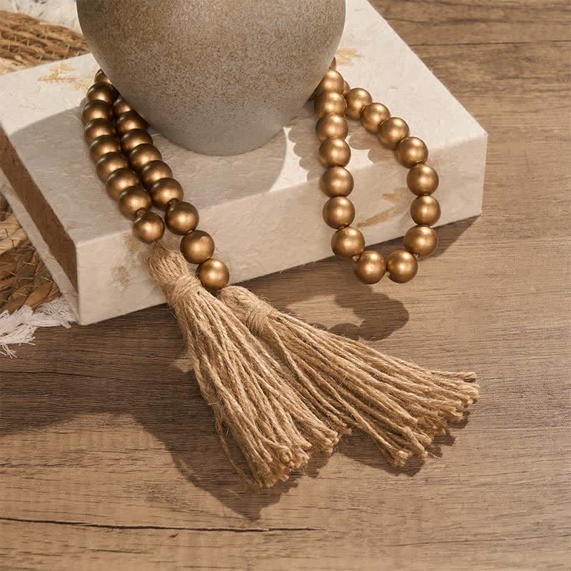 Buddha Stones Gold Rustic Wooden Bead Garland with Tassels Mindful Living Decor - image 3