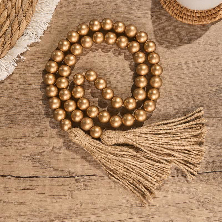 Buddha Stones Gold Rustic Wooden Bead Garland with Tassels Mindful Living Decor - Wood - image 0