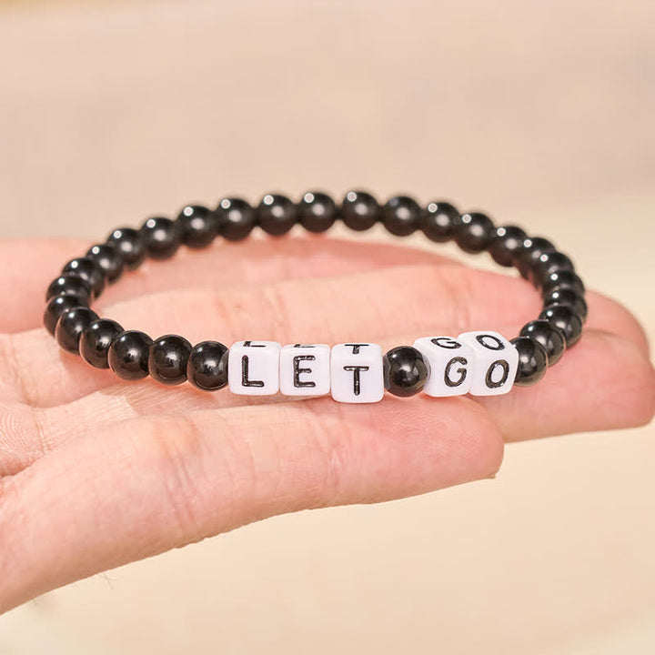 Buddha Stones Black Obsidian LET GO Letters Beads Strength Bracelet - image 2