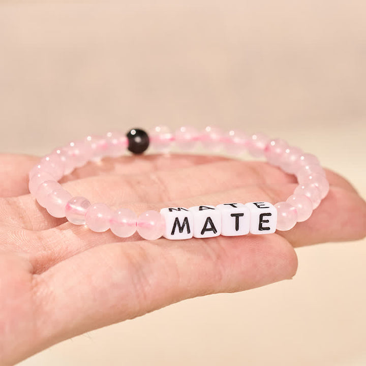 Buddha Stones Black Obsidian Rose Quartz SOUL & MATE Letters Couple Relationships Bracelet - image 10