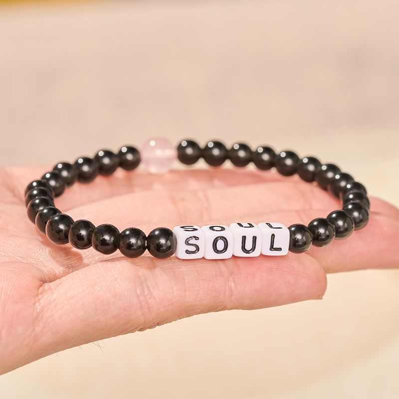 Buddha Stones Black Obsidian Rose Quartz SOUL & MATE Letters Couple Relationships Bracelet - image 3